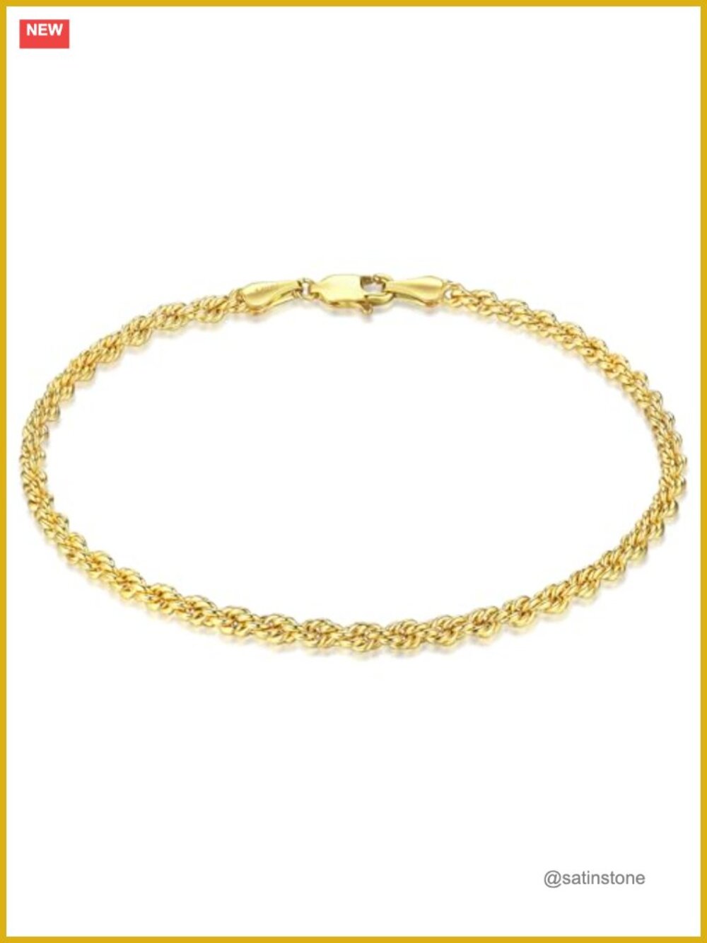 14K Gold Filled 3mm Rope Chain Bracelet Waterproof Non-Tarnish Gift